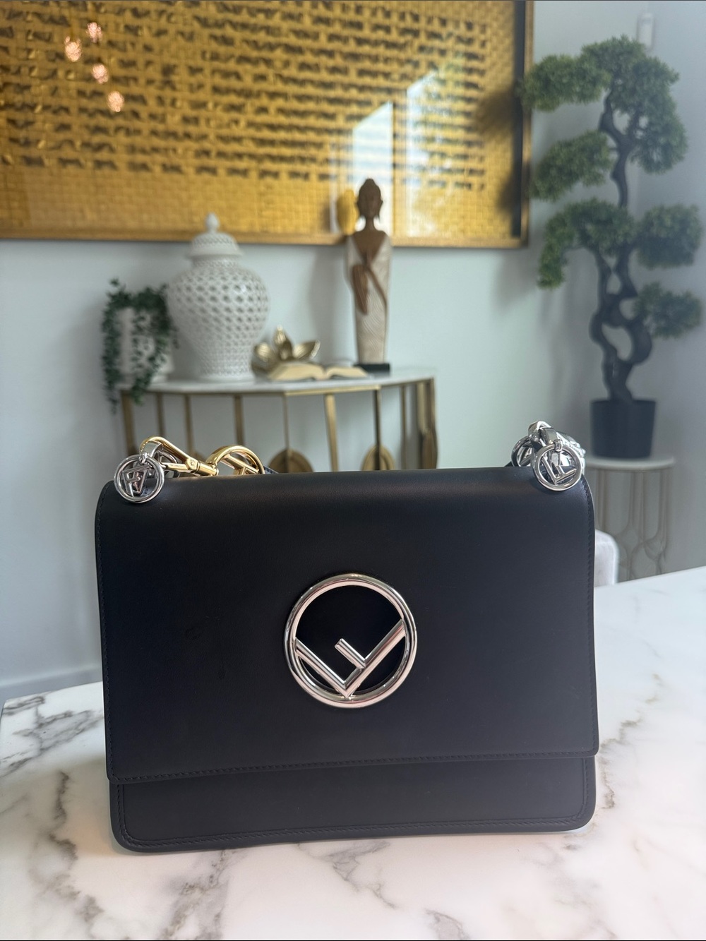 Fendi Black Leather Shoulder Bag with Silver & Gold Hardware